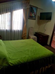 um quarto com uma cama verde e uma janela em Paola Hostal em Sucre