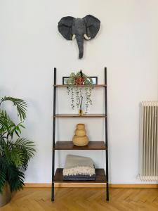 a shelf with an elephant clock on a wall at Der Stadtzirkus in Klagenfurt