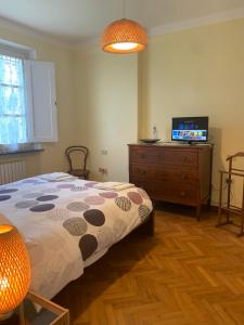 een slaapkamer met een bed, een dressoir en een televisie bij Villa Favilli in Pisa