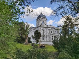 biały budynek z wieżą zegarową na polu w obiekcie Stara Biblioteka we Wrocławiu