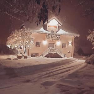 budynek z śniegiem na ziemi przed nim w obiekcie Hotel Rosengarten w mieście Tarvisio