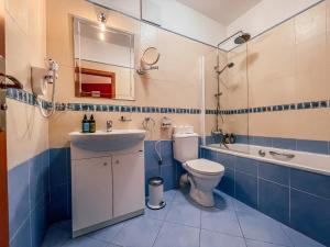 a blue and white bathroom with a sink and a toilet at Gizela in Luhačovice