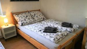 a bed with two pillows on it in a room at Apartment am Südpark in Merseburg