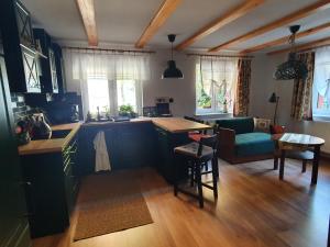 a kitchen and living room with a couch and a table at Apartamenty Magiczna Wenecja in Cieszyn