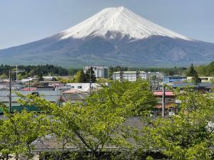 een berg in de verte met een stad en een stad bij Megu Fuji 2021 in Fujiyoshida