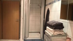 ein Bad mit einer Dusche und einem Stapel Handtücher in der Unterkunft Ferienwohnung Le in Adenau