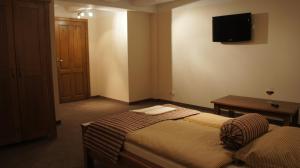 a bedroom with a bed and a tv on the wall at Hotel Stary Młyn in Suchedniów