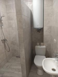 La salle de bains est pourvue de toilettes et d'un lavabo. dans l'établissement Апартаменти Віланж, à Polyana