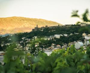 una ciudad en una colina con un río y edificios en Patio Rooms Gjirokaster, en Gjirokastra