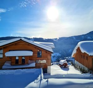 上柯尼希山麓米尔巴赫Gut Stein Panoramalodge的雪中的一个小木屋,后面是太阳