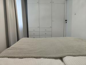 uma cama num quarto com armários brancos em Perełka (by F&J) em Toruń