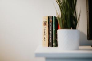 eine Reihe von Büchern auf einem Regal mit einer Vase in der Unterkunft Gyopár Lodge - Gyopárosfürdő in Orosháza