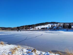 een groot bevroren meer met sneeuw erop bij Apartmán U nás in Frymburk