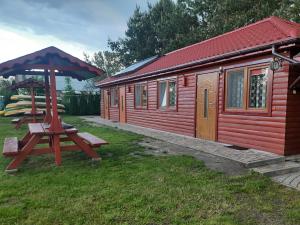 una piccola cabina rossa con tavolo da picnic e tavolo da picnic di Agroturystyka nad Biebrza Sośniaki a Goniadz