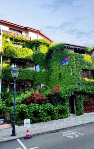 a building covered in ivy next to a street light at Семеен Хотел Море in Sozopol