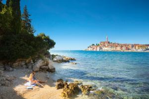 um homem sentado numa praia ao lado da água em Maistra Select Island Hotel Katarina em Rovinj