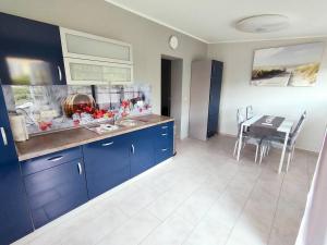 a large kitchen with blue cabinets and a table at Ferienwohnung in Leckwitz bei Nünchritz Wacker, Elbradweg in Nünchritz