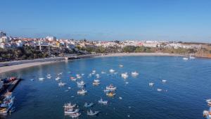 een groep boten in het water bij een strand bij Hotel Dom Vasco in Sines