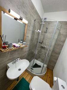 y baño con ducha acristalada y lavamanos. en O&W Ferienhaus mit Pool nähe Nürburgring, Adenau, en Adenau