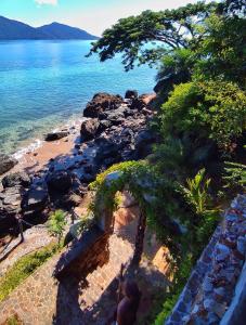 - une vue sur la plage avec l'eau et les arbres dans l'établissement Villa Nautilus, à Nosy Komba