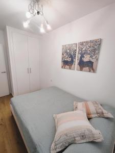 een slaapkamer met een bed en twee schilderijen aan de muur bij Apartamento Santander Maliaño in Maliaño