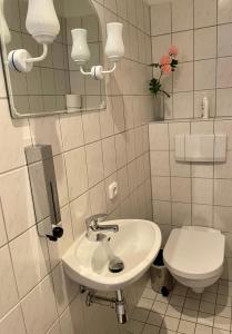 bagno con lavandino, servizi igienici e specchio di Villa Einhorn: Ruhe Oase mitten im Zentrum a Goslar