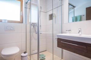 a bathroom with a shower and a toilet and a sink at Ferienhaus Casa Luna in Zermatt