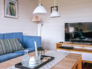 een woonkamer met een blauwe bank en een tv bij Holiday home Aabenraa LIX in Aabenraa