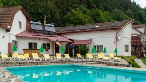 ein Hotel mit einem Pool vor zwei Gebäuden in der Unterkunft Pensiunea Alpin in Păltiniş