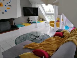 ナントにあるSuperbe loft 90m² proche parc expo Nantes (6p)のリビングルーム(ソファ、テレビ付)