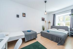 a white room with two beds and a desk at The house Vilnius in Vilnius