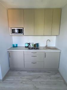 a kitchen with white cabinets and a sink and a microwave at ADI Apartamentai in Panevėžys