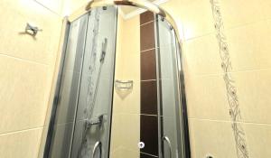 La salle de bains est pourvue d'une douche avec une porte en verre. dans l'établissement Hotel Forward Pool&Sauna, à Yasinya