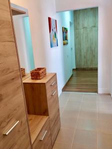 Cette chambre comprend une commode en bois et un miroir. dans l'établissement Apartman Leon Lux, à Leskovac