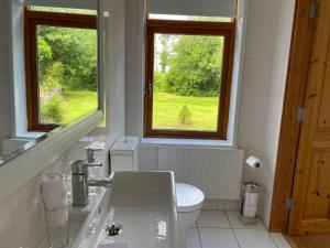 La salle de bains est pourvue d'un lavabo, de toilettes et de 2 fenêtres. dans l'établissement Kerry Country House, 