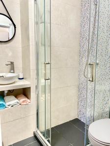 e bagno con doccia, servizi igienici e lavandino. di Pirata Milfontes Guest House a Vila Nova de Milfontes