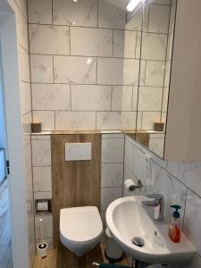 een badkamer met een toilet en een wastafel bij Tinyhouse Scheveningen beach FREE gated parking in Scheveningen