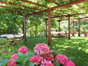 um jardim com uma pérgola de madeira e flores cor-de-rosa em Olga Studios em Tsagarada