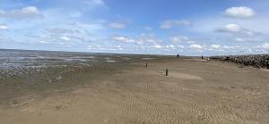 een zandstrand met mensen die over het water lopen bij Appartement 1 mit Küche und neuem Bad, frisch saniert in Friedrichskoog