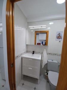 a bathroom with a sink and a toilet and a mirror at Bonito apartamento en Laredo in Laredo