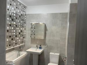 y baño con lavabo, aseo y bañera. en Apartament Moghioros Park Residence DUM1, en Bucarest