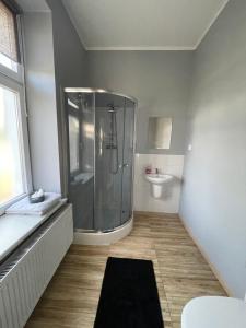 La salle de bains est pourvue d'une douche et d'un lavabo. dans l'établissement Apartamenty Trzciana, à Rzeszów