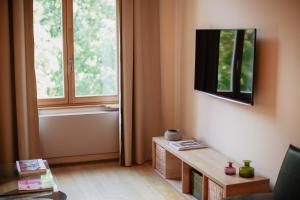 uma sala de estar com uma televisão e uma janela em Luxury Flat Near Castle Hill em Budapeste