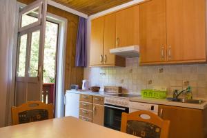 eine Küche mit Holzschränken und einem Herd mit Backofen in der Unterkunft Apartma Vila Kočna in Zgornje Jezersko