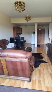 a living room with a brown leather couch on a wooden floor at Apartman 508 Residence in Donovaly