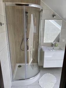 y baño con ducha y puerta de cristal. en GRACJA, en Warszawa