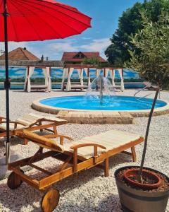 uma mesa de piquenique e um guarda-sol ao lado de uma piscina em Vila Hubertus em Avrig