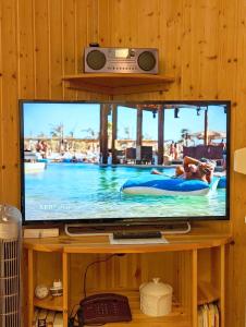 une télévision avec une photo de piscine dans l'établissement Gartenhaus Haufe, à Quedlinbourg