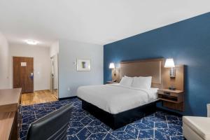 Best Western Plus St. Louis Airport Hotel في سانت لويس: غرفة في الفندق مع سرير ومكتب