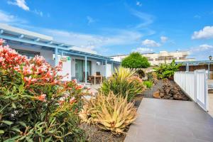 un jardin en face d'un bâtiment fleuri dans l'établissement Mar Azul Corralejo- Adults Only, à Corralejo